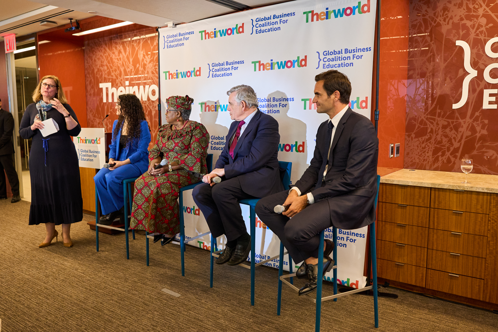 Sarah Brown moderates a pale discussion featuring Nelly Cetera, Ngozi Okonjo-Iweala, Gordon Brown and Roger Federer (Theirworld/Ilya Savenok)